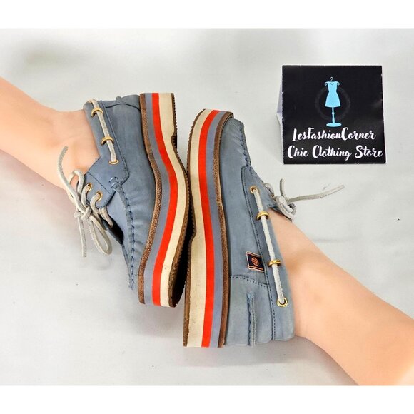 Tory Burch Women's Blue Nubuck Leather Joey Platform Boat Shoes Size 8 241 - Picture 15 of 16